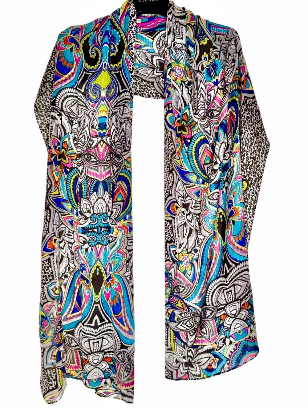 Chico's Silk Rayon Scarf Cheetah Tribal Floral Boho Paisley Multicolor